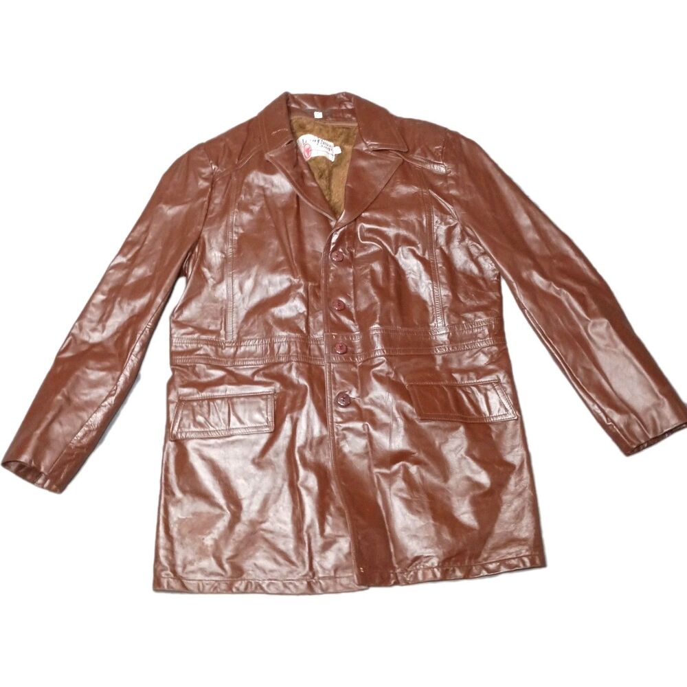 Vintage Men's 70s Sears The Leather Shop Brown Leather Car Coat 44 Long Tall VTG